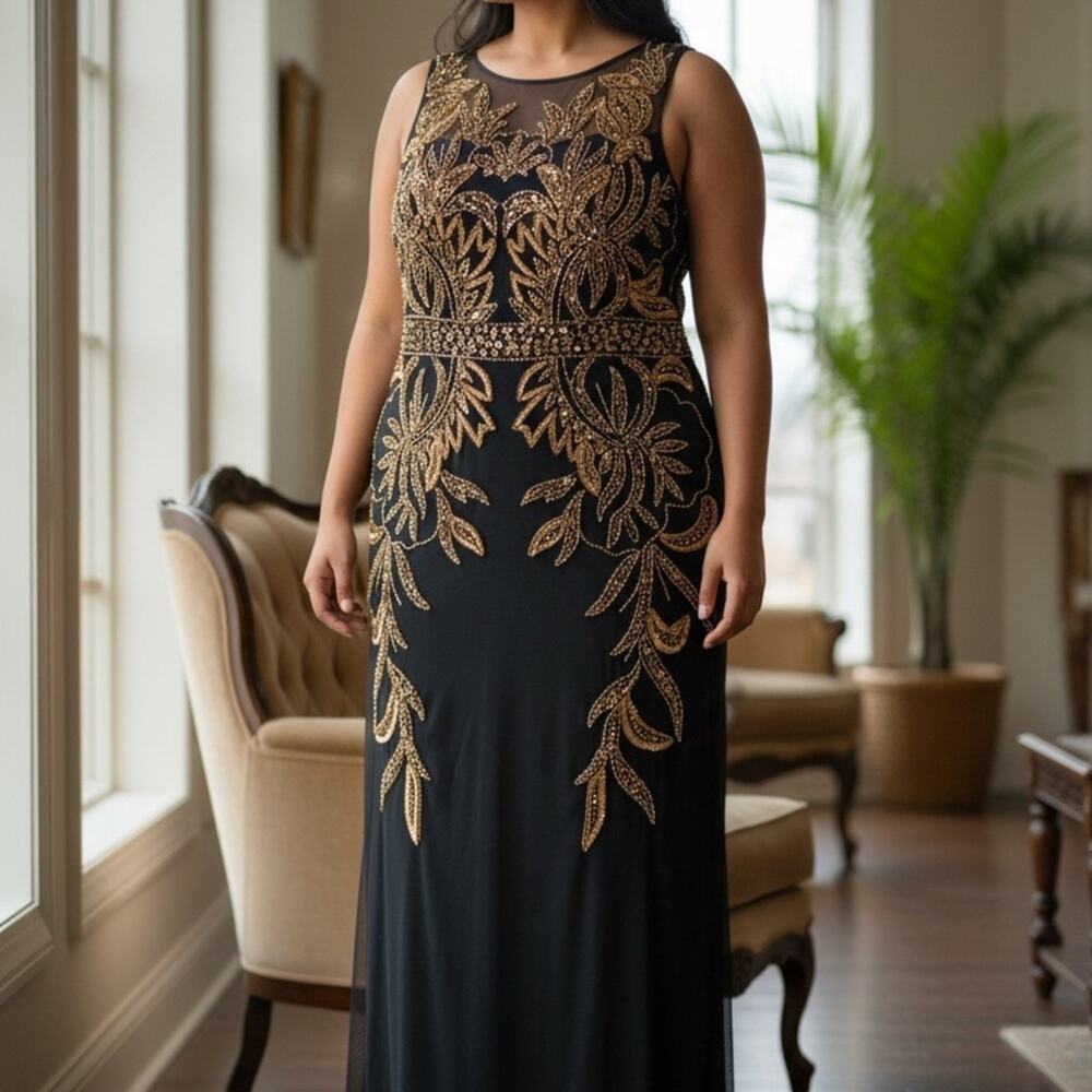 Papell Boutique Black and Gold Maxi Dress